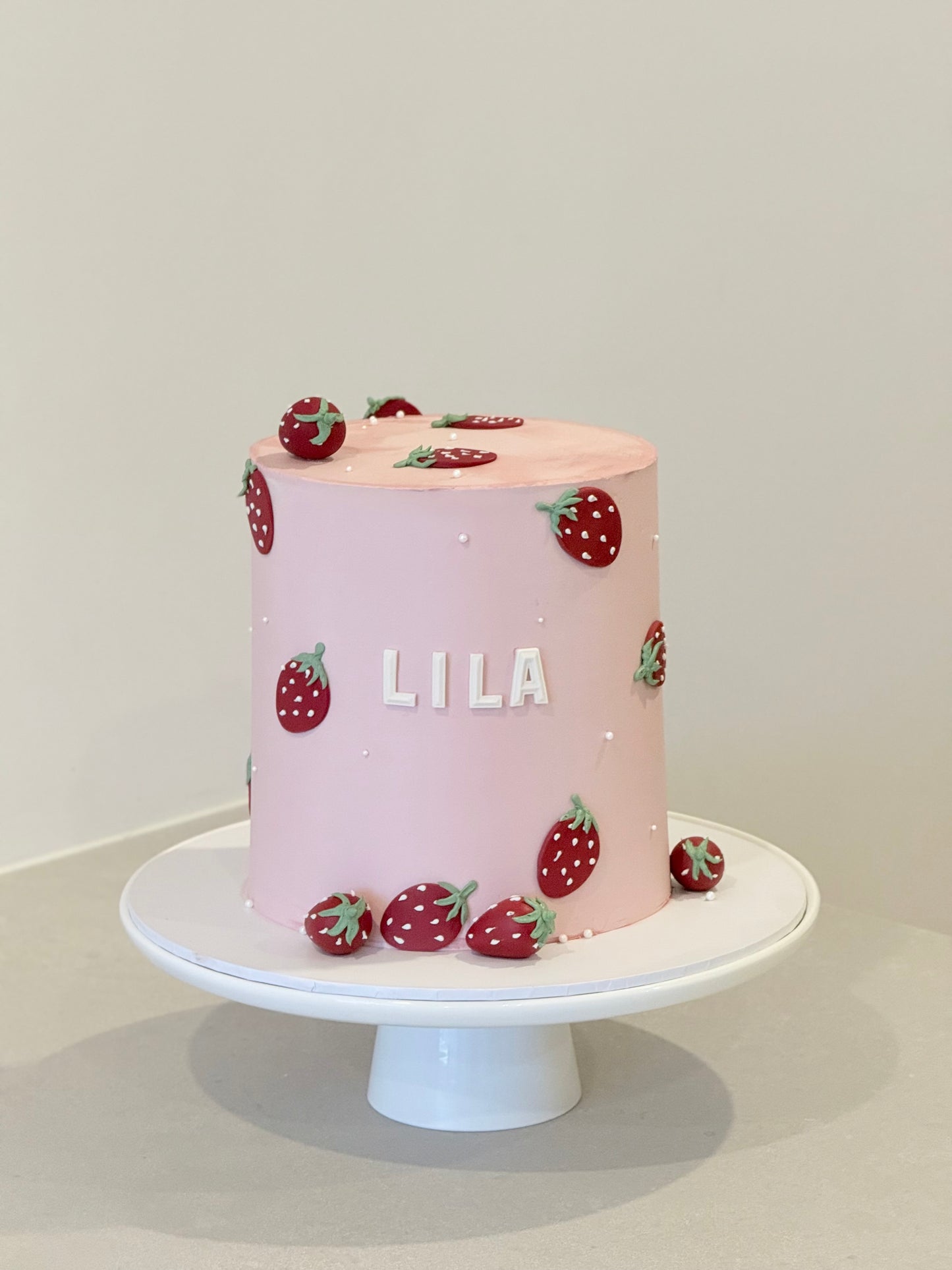 Lila sweet strawberry celebration cake — custom birthday cake Melbourne by Bakeology Studios