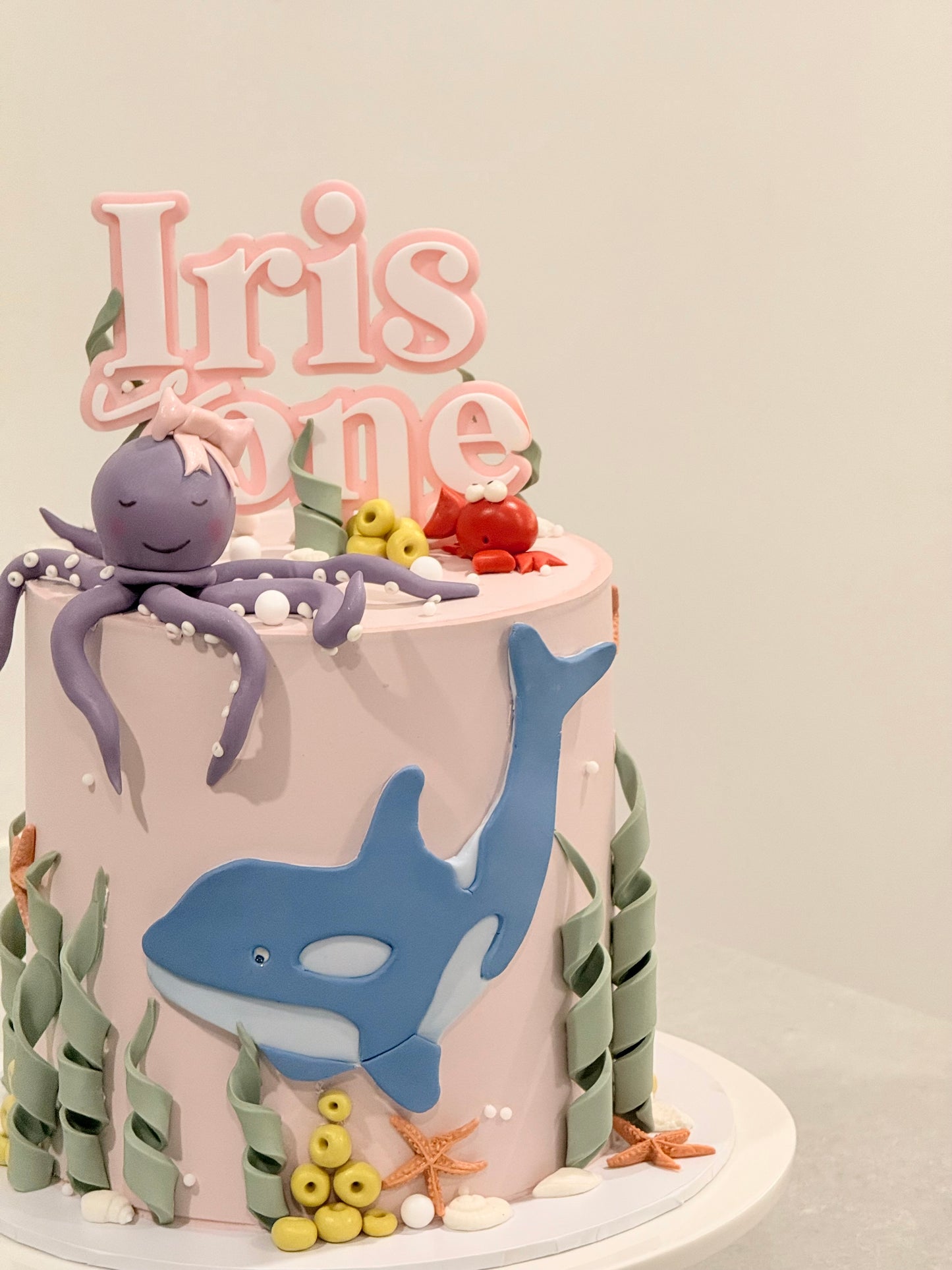 Iris ocean theme first birthday and baby shower cake in soft pastels — custom kids cake Melbourne by Bakeology Studios