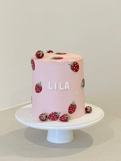 Lila sweet strawberry celebration cake — custom birthday cake Melbourne by Bakeology Studios