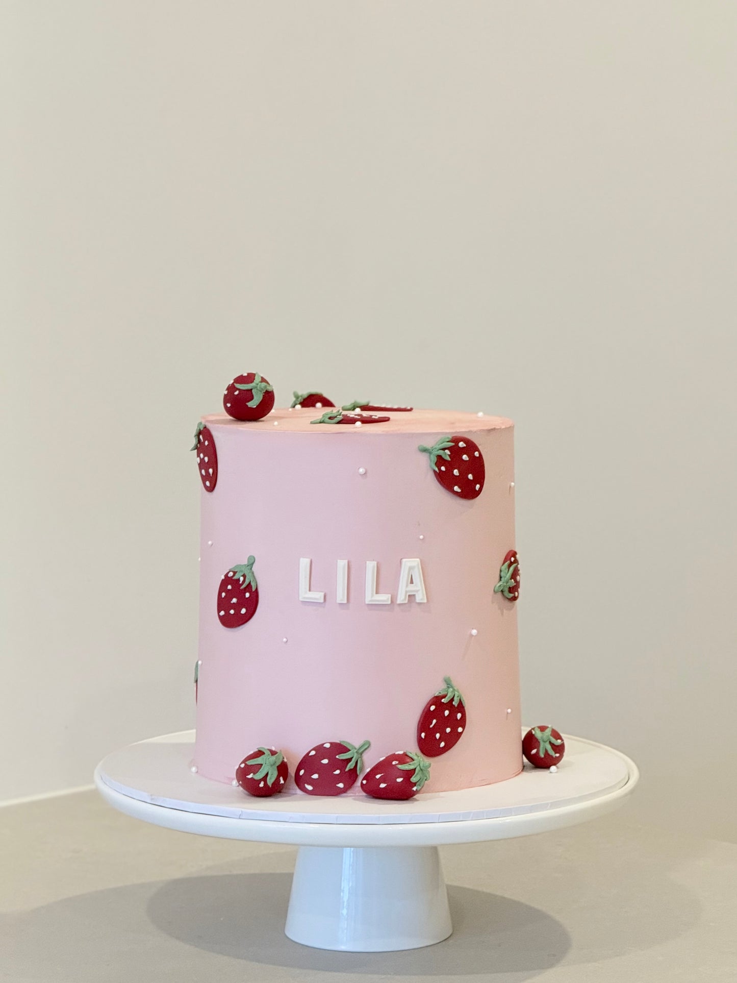 Lila soft strawberry theme birthday cake — Bakeology Studios Melbourne