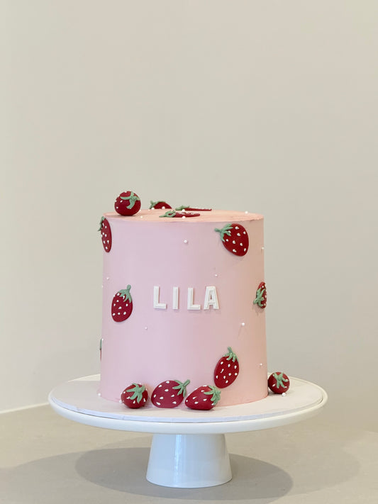 Lila soft strawberry theme birthday cake — Bakeology Studios Melbourne