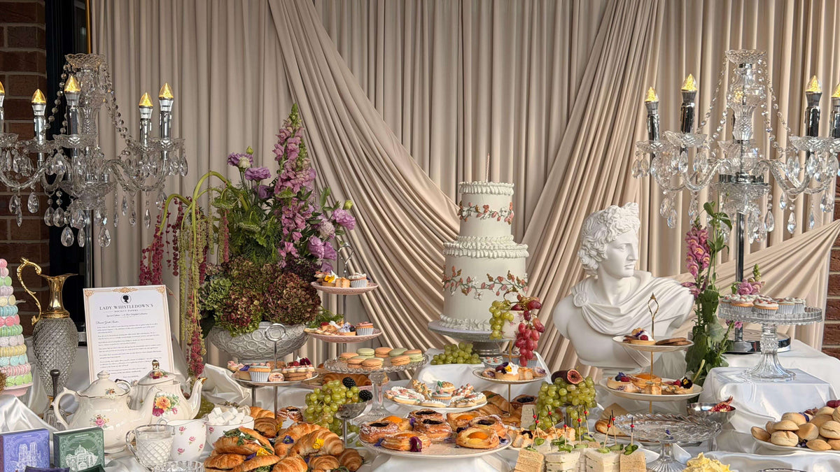 Greek and Roman inspired celebration cake table setup, Bakeology Studios Melbourne