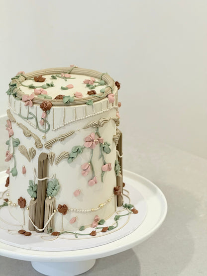 Cleo architectural vintage celebration cake with pearl chain detail — custom handcrafted Melbourne Bakeology Studios