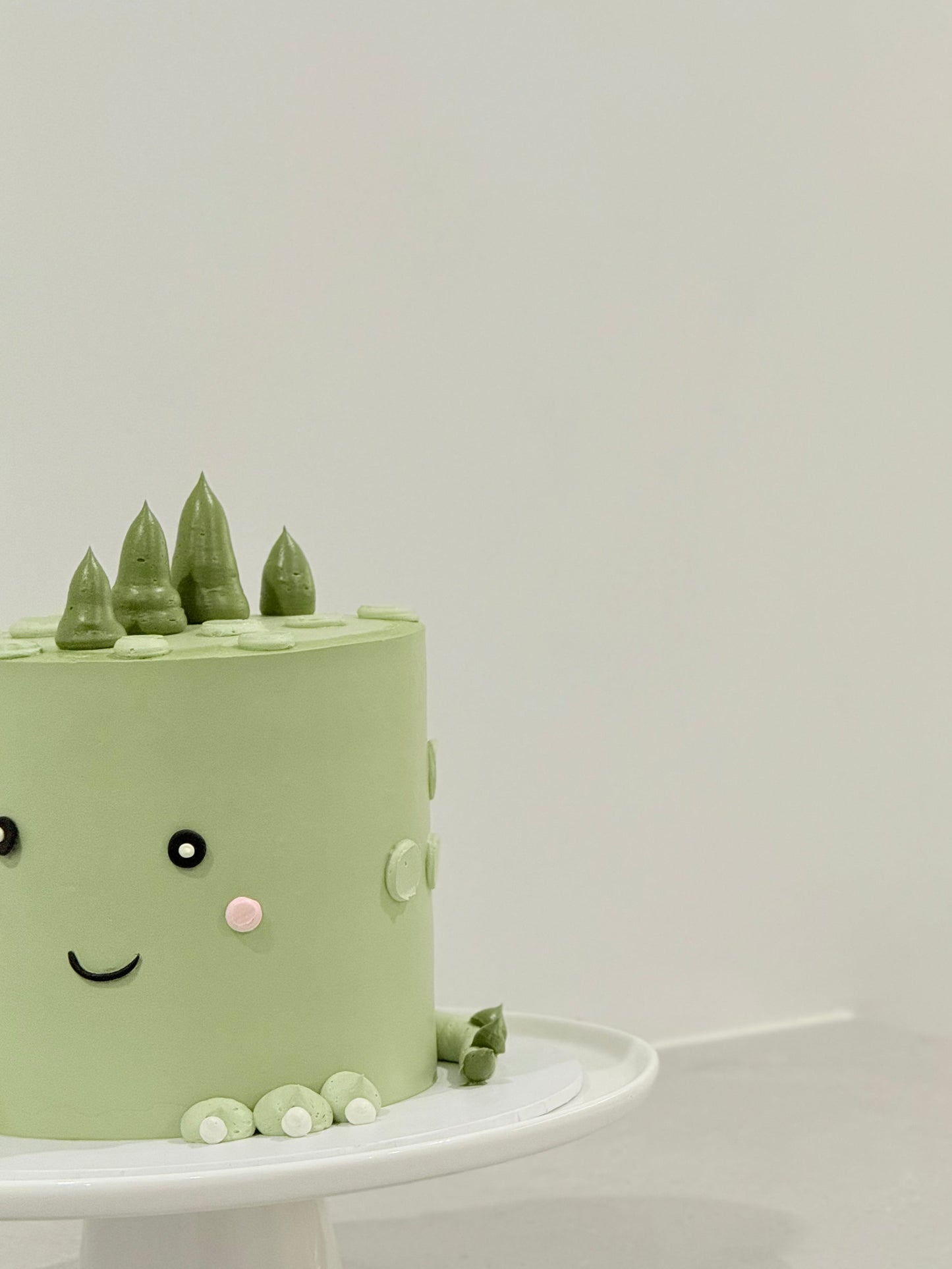 Sage green dino kids birthday cake with buttercream pine trees — custom handcrafted Melbourne