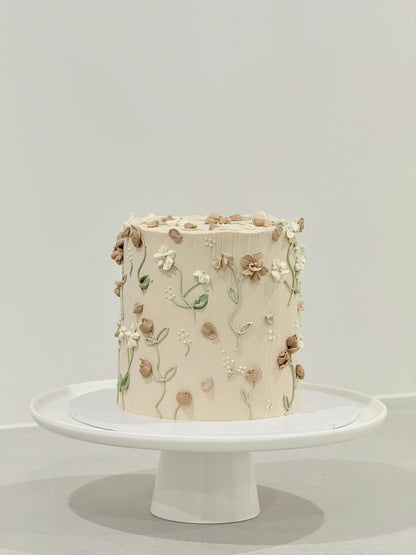 Elodie 3D sculpted floral buttercream cake in warm parchment tones — Bakeology Studios Melbourne