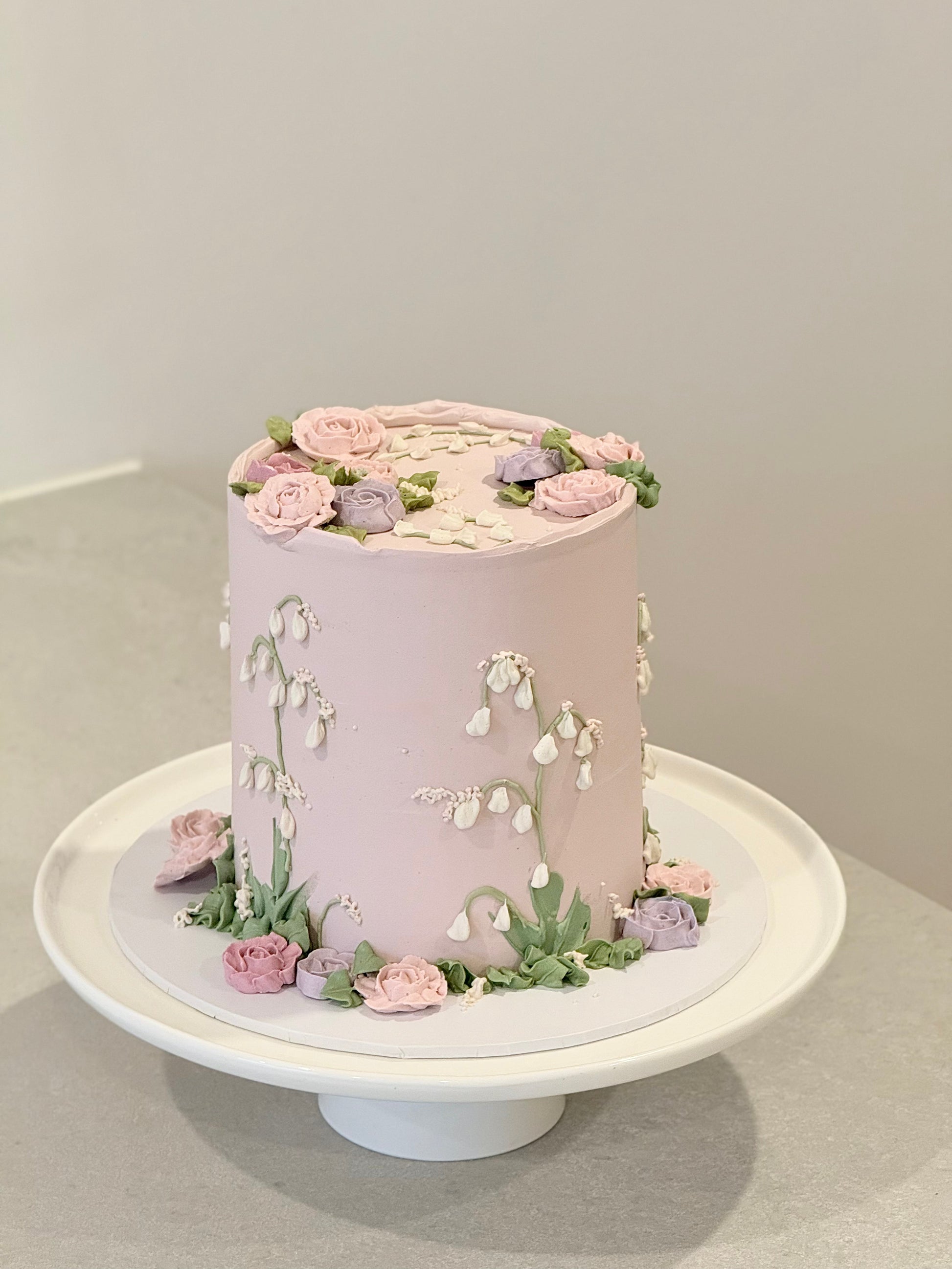Evelyn soft lilac rose and lily of the valley floral cake — Bakeology Studios Melbourne
