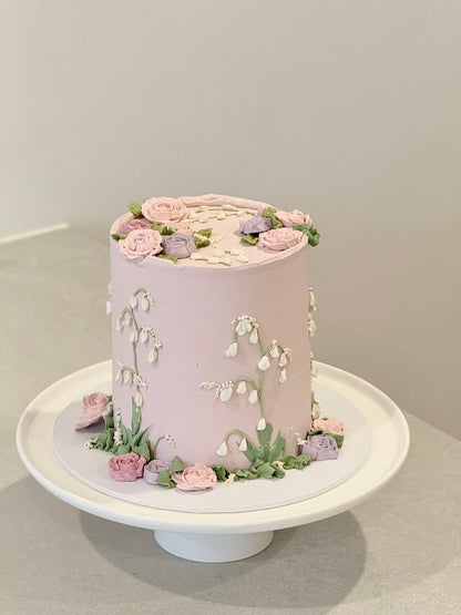 Evelyn soft lilac rose and lily of the valley floral cake — Bakeology Studios Melbourne