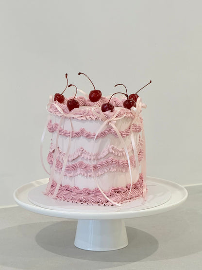 Lola cherry ruffle vintage birthday cake with pink Lambeth piping and satin bows — Bakeology Studios Melbourne