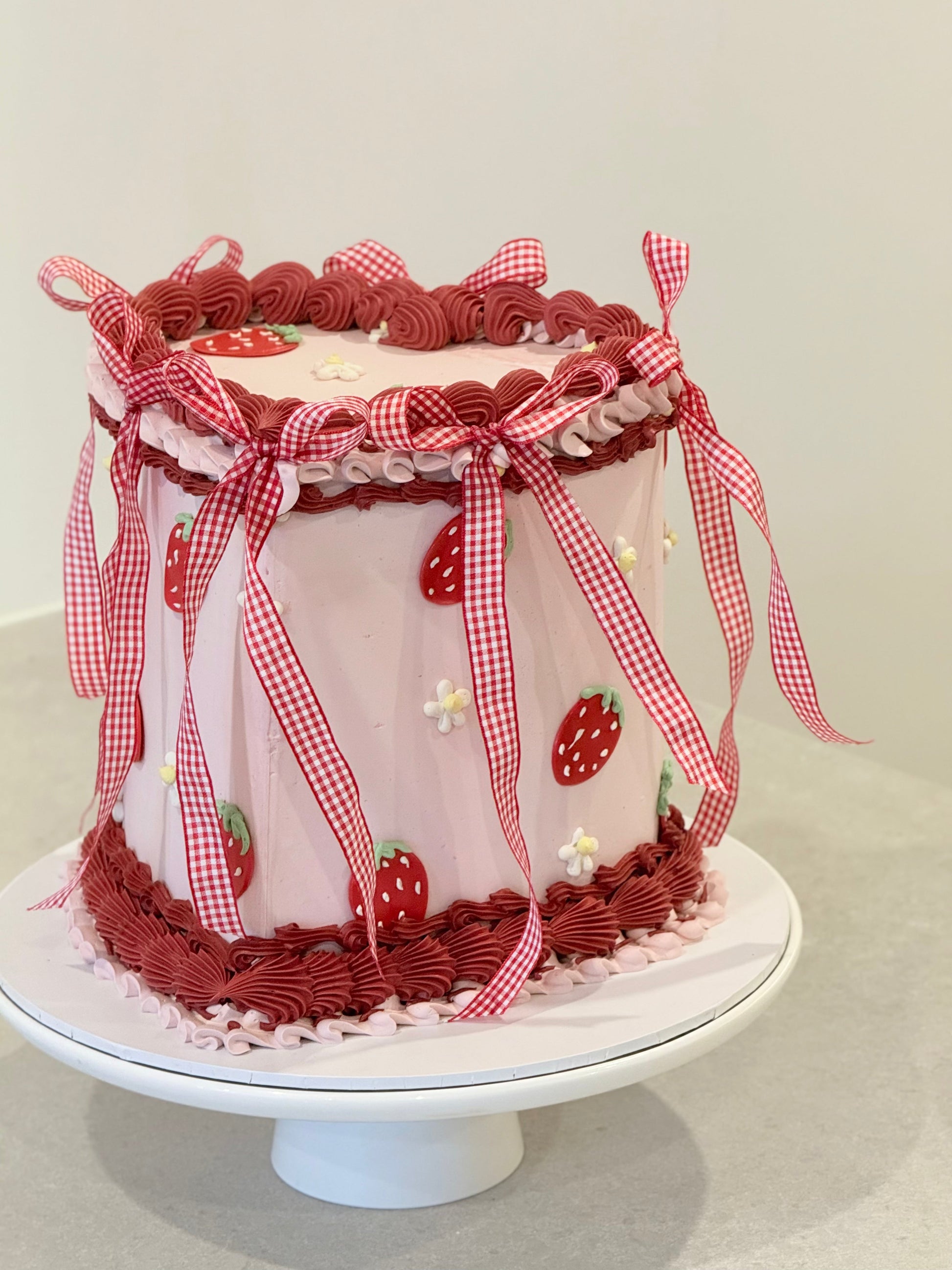 Lottie cottagecore strawberry gingham celebration cake — custom handcrafted Melbourne by Bakeology Studios