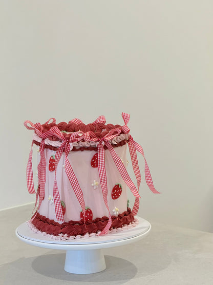 Lottie strawberry gingham vintage birthday cake with ribbon bows — Bakeology Studios Melbourne