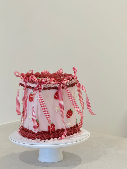 Lottie strawberry gingham vintage birthday cake with ribbon bows — Bakeology Studios Melbourne