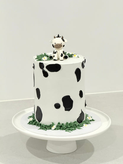 Millie cow print birthday cake close-up detail — handcrafted by Bakeology Studios Burwood East